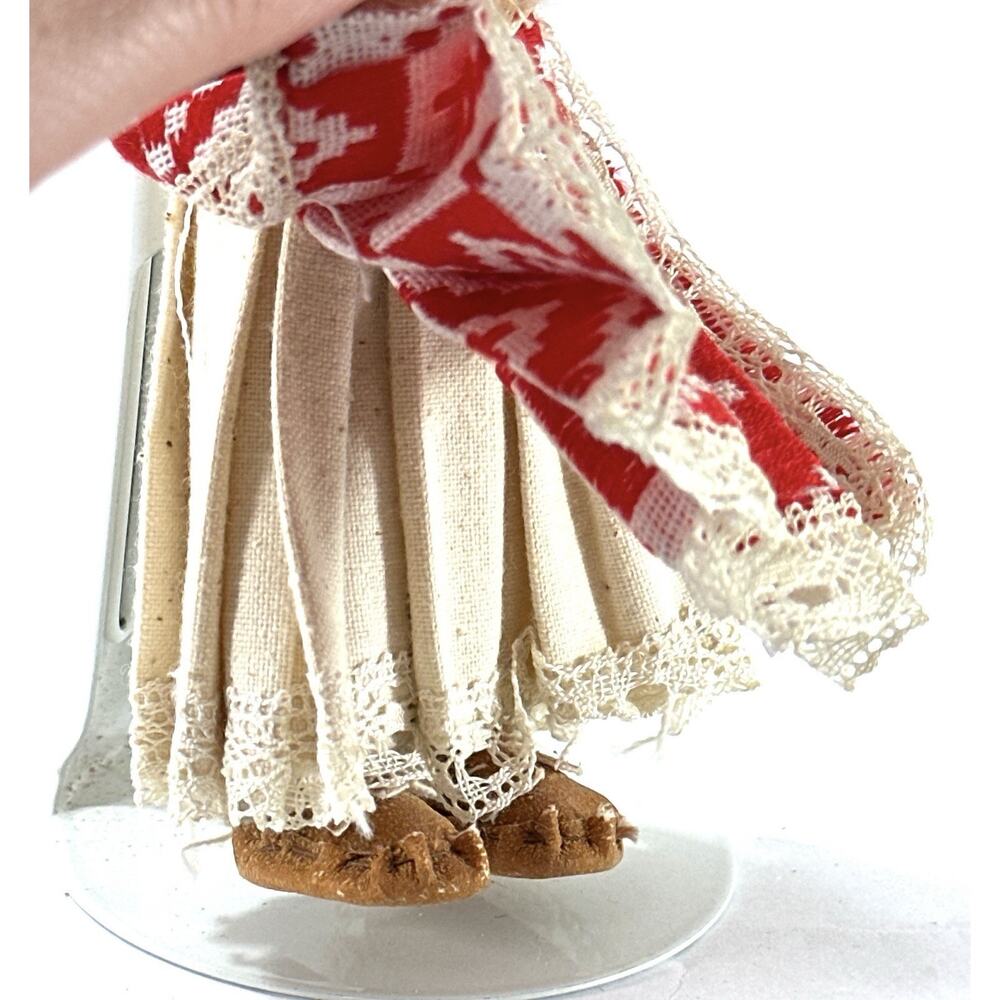 Vintage 7” European Folk Doll Red White Costume Lace Bonnet w/ Stand - Picture 7 of 8